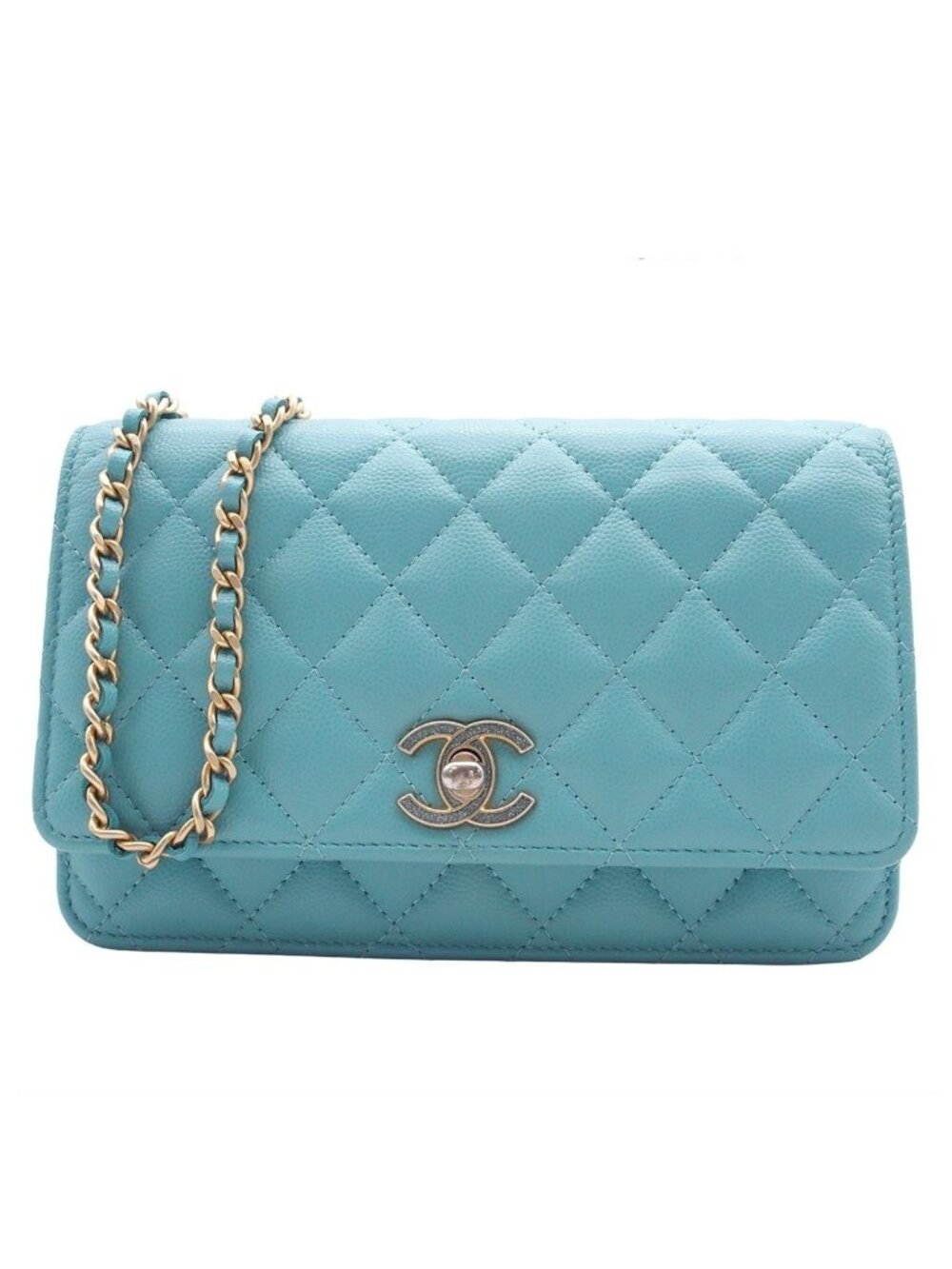Chanel Chain Wallet Quilted Shoulder Bag Light Blue Caviar Leather